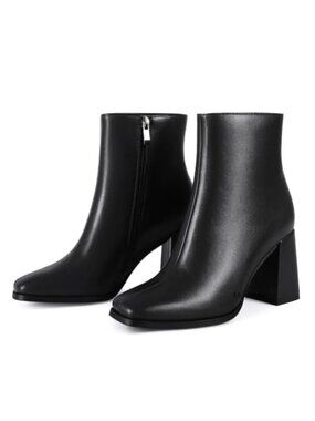 Women's Square Toe Ankle Boots Chunky Block Heel Side Zip PU Leather Booties